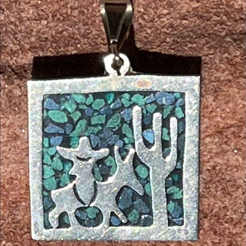 Vintage Turquoise Chip Inlay & Alpaca Silver Pendant